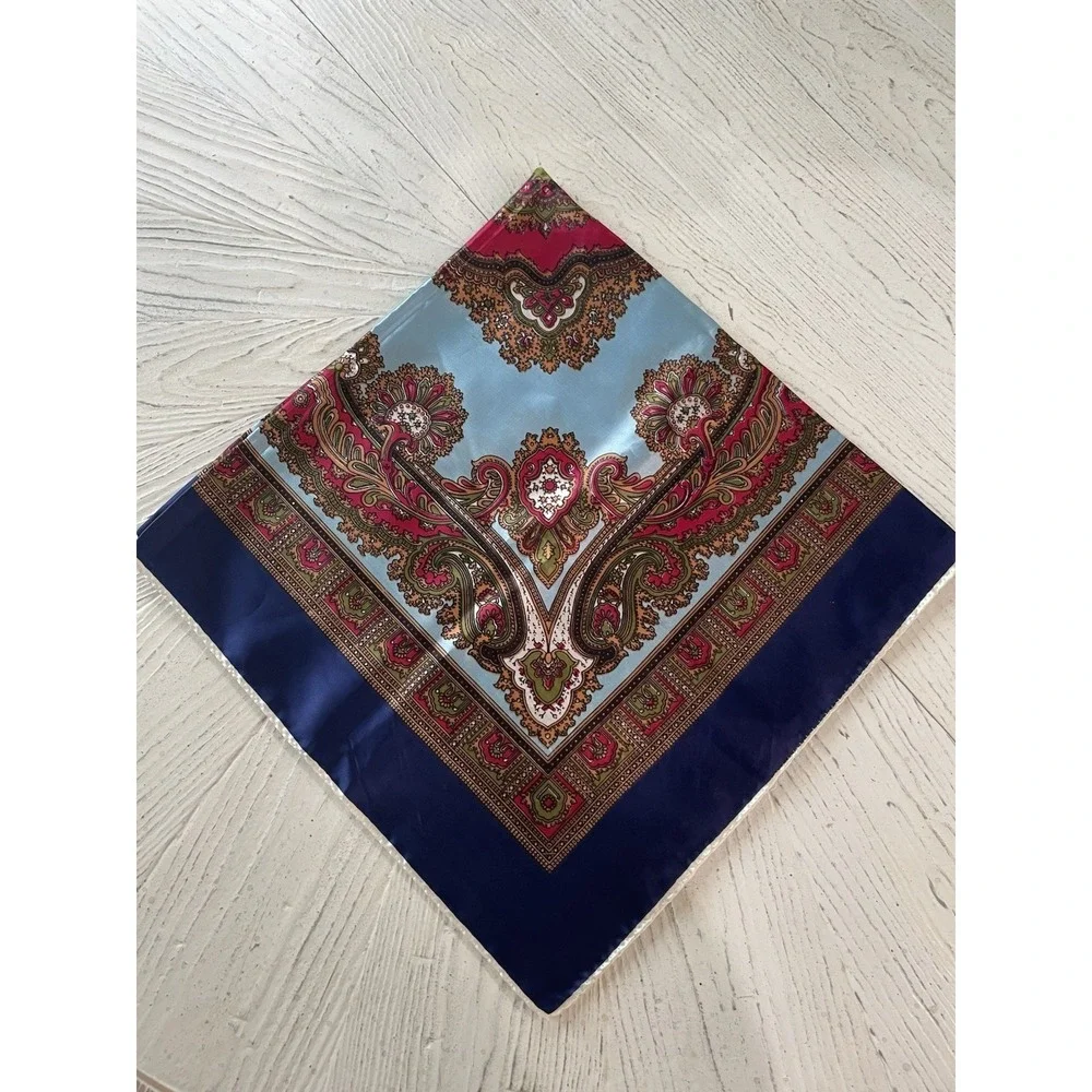 Vintage Paisley Neck‎ Head Scarf Silky Deep Rich Colors Red Blue Vibrant 30x30